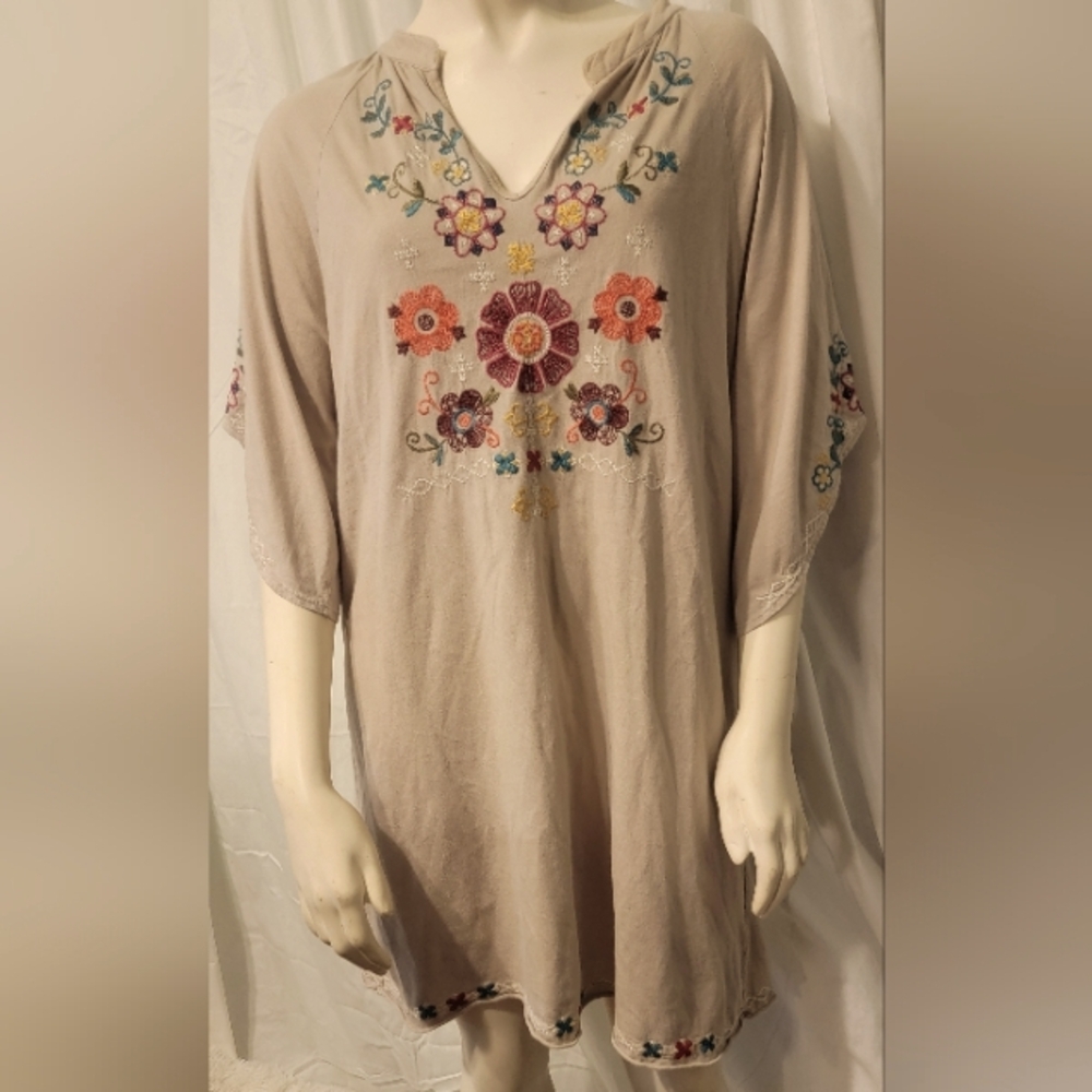 Johnny Was cotton Blend Jersey Knit Dutch Floral Embroidered‎ 3/4 Sleeve Dress M